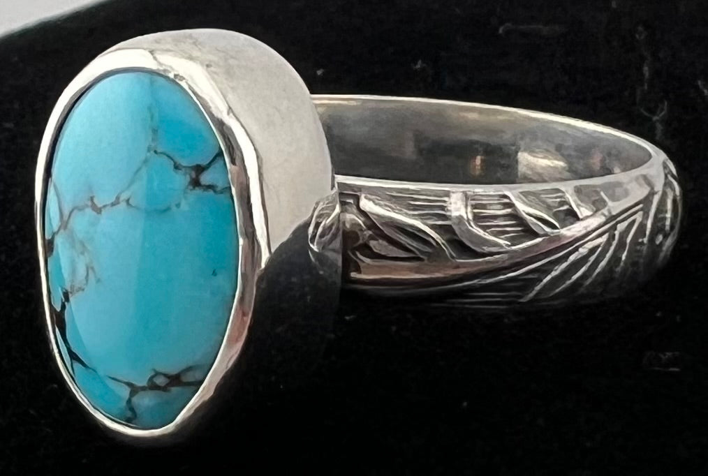Sterling Silver Turquoise Ring - Handcrafted Gemstone Jewelry - Size 6 3/4