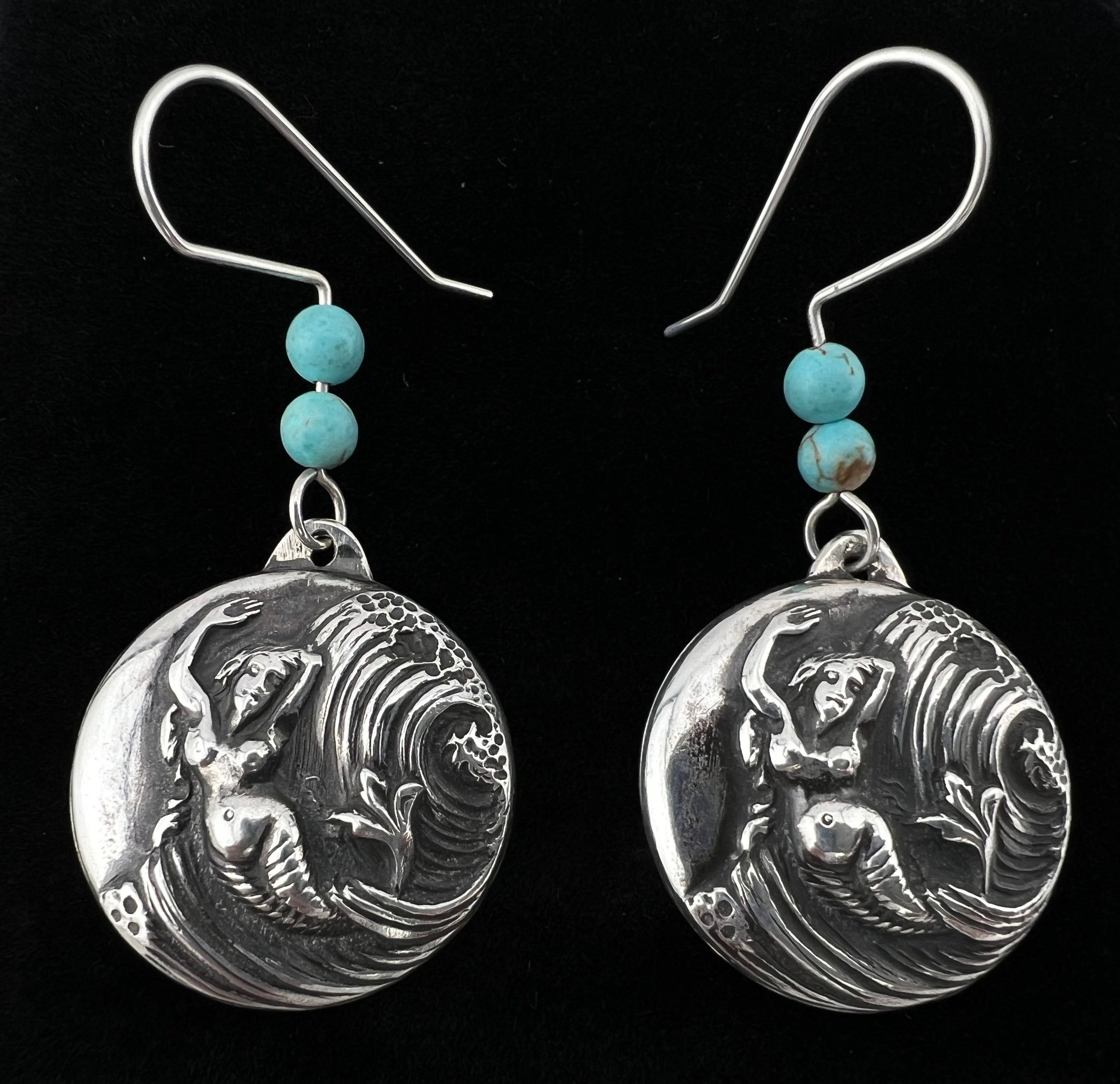 Mermaids in the surf. Earrings. Sterling Silver