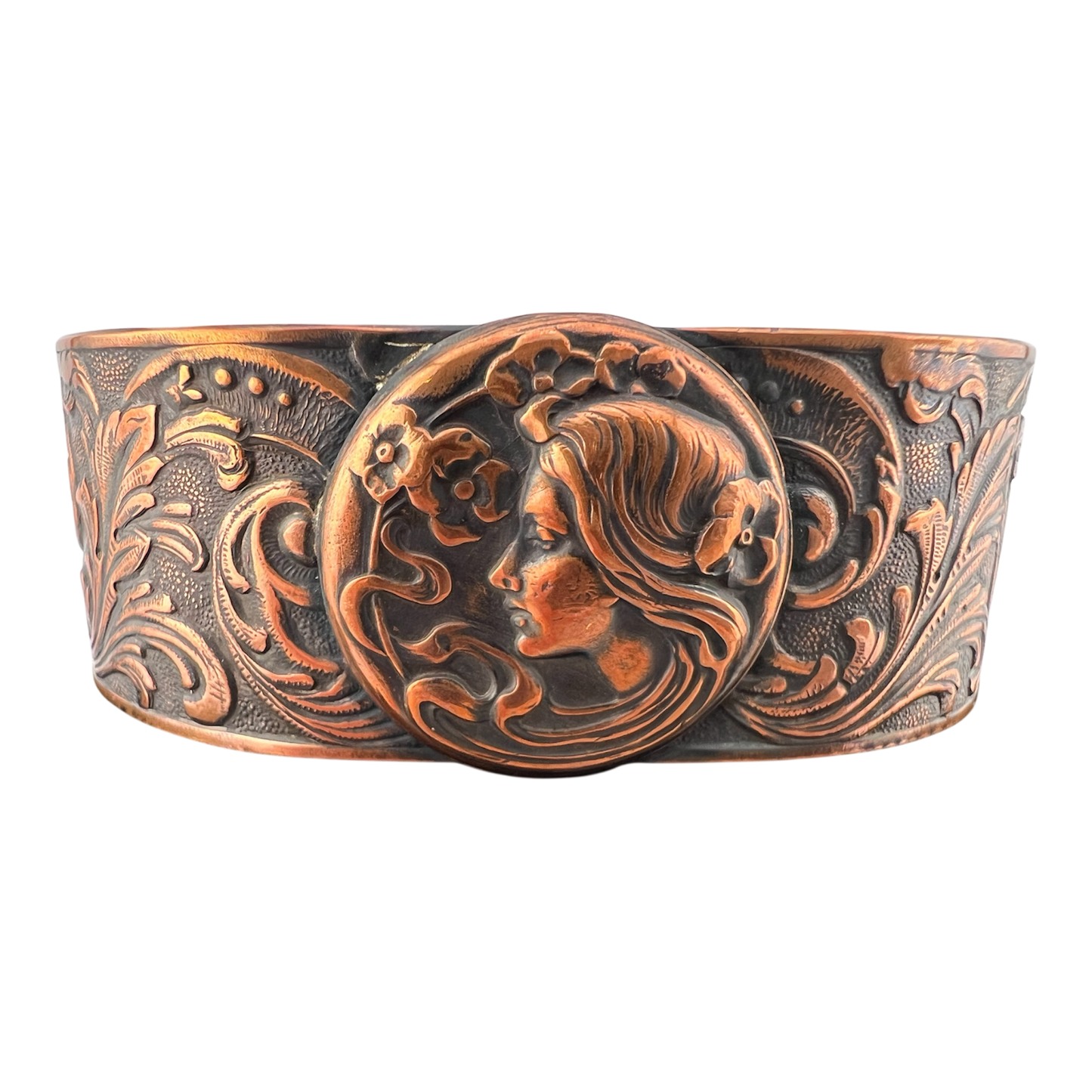 Copper cuff featuring a flower girl in Art Nuevo style