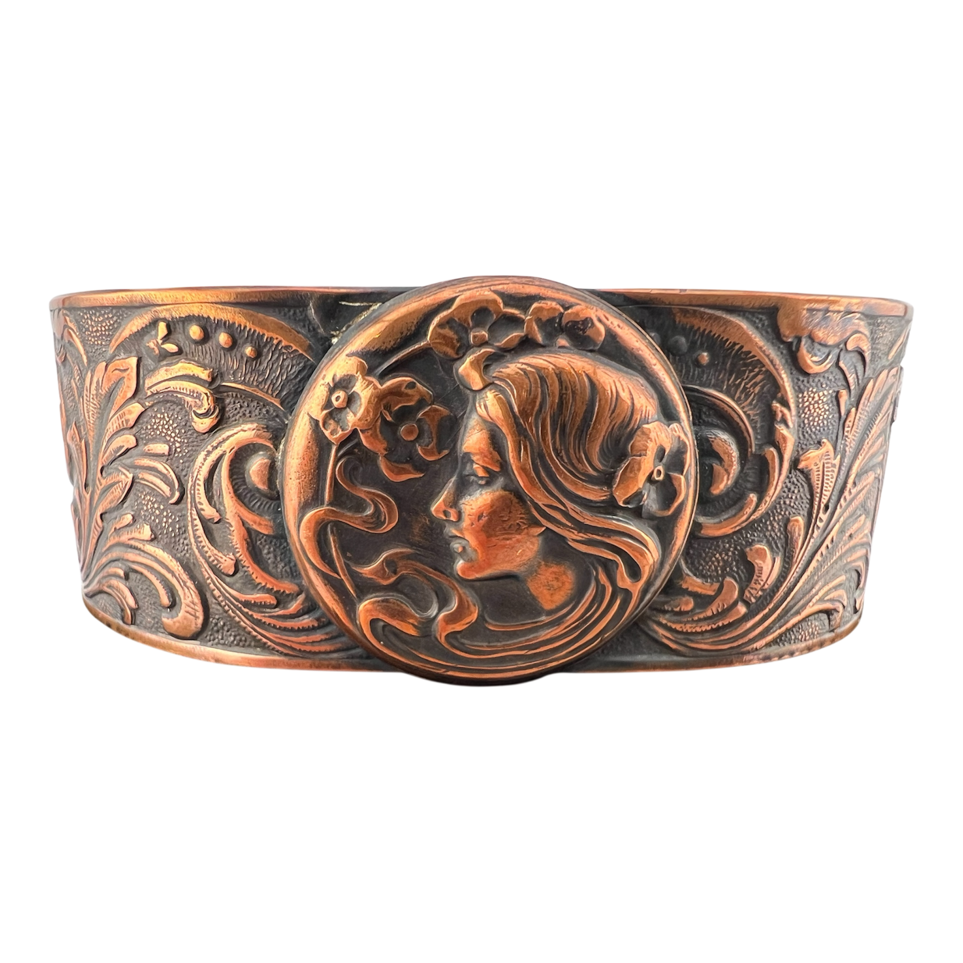 Copper cuff featuring a flower girl in Art Nuevo style