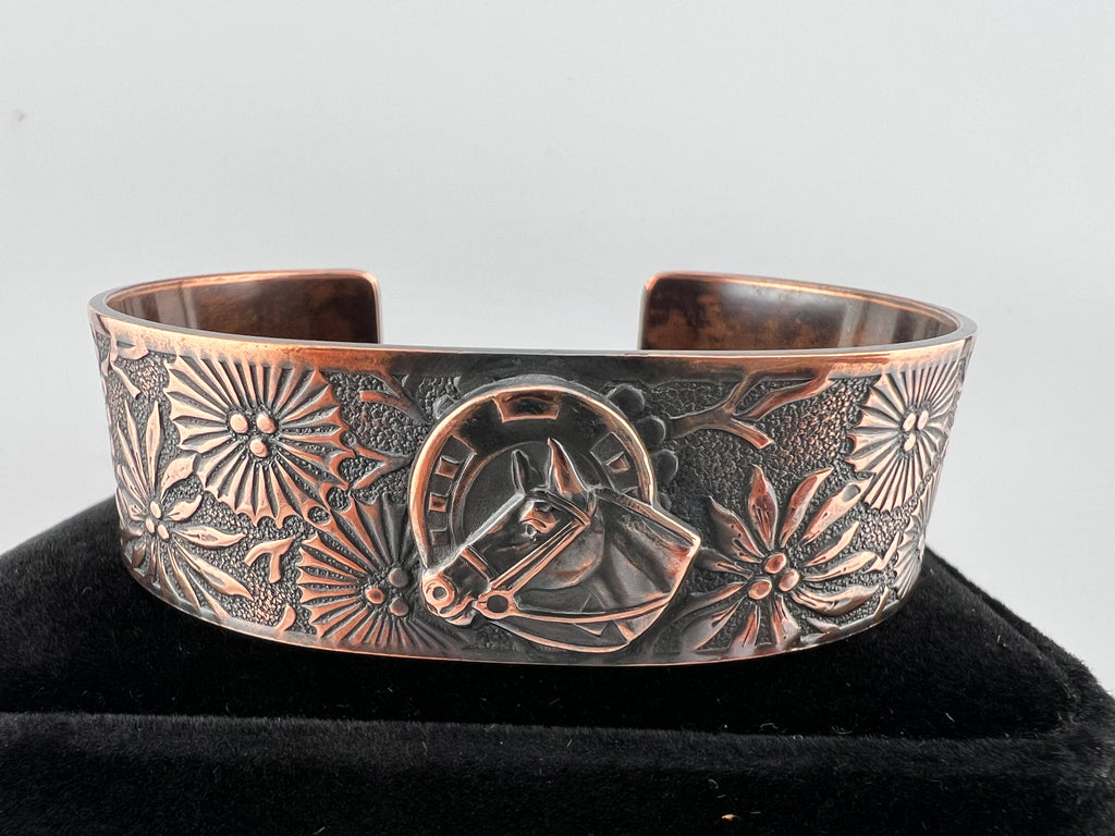 Horse and Flower Copper Cuff Bracelet