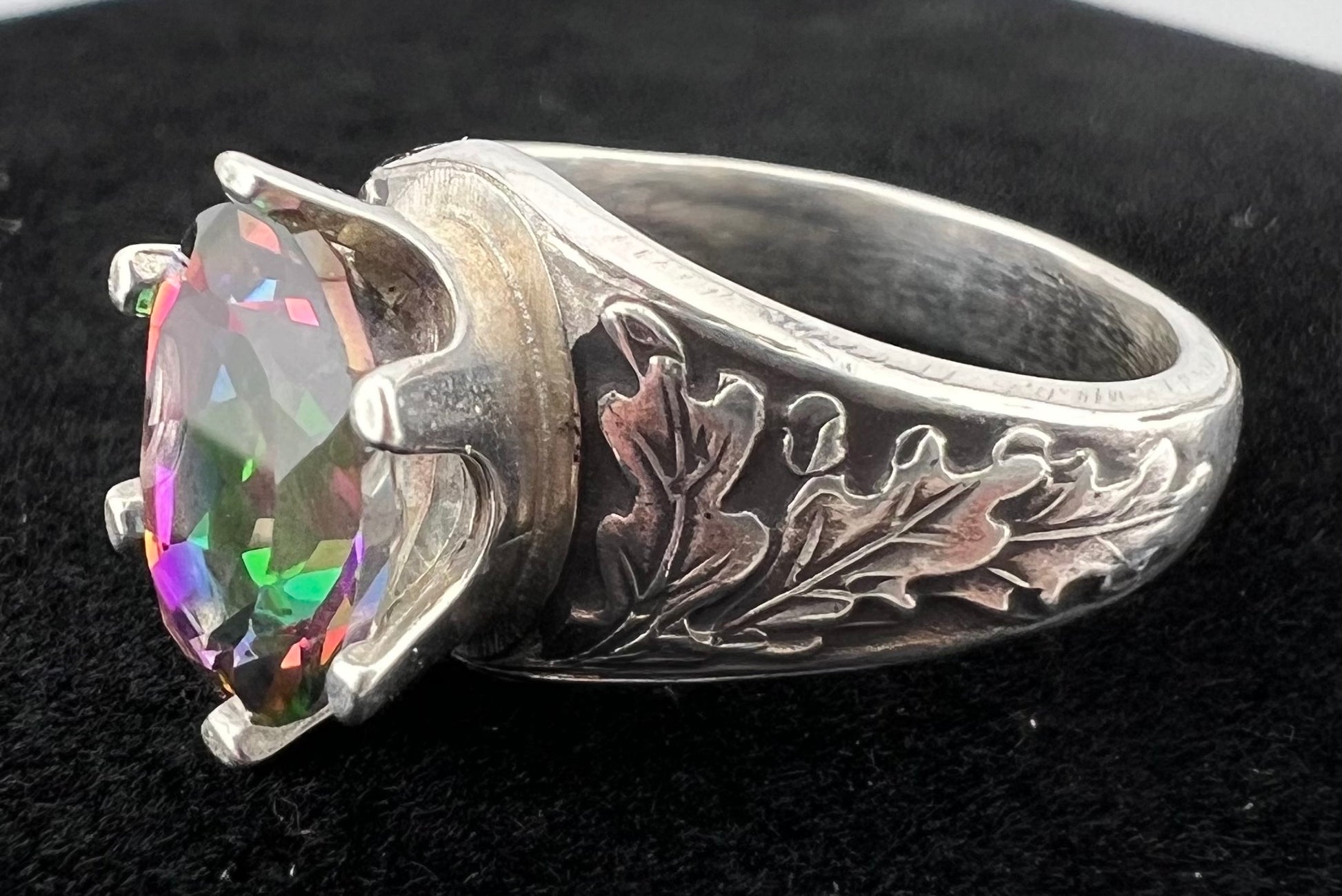 Sterling silver ring. Oak leaf design with Mystic Topaz gem
