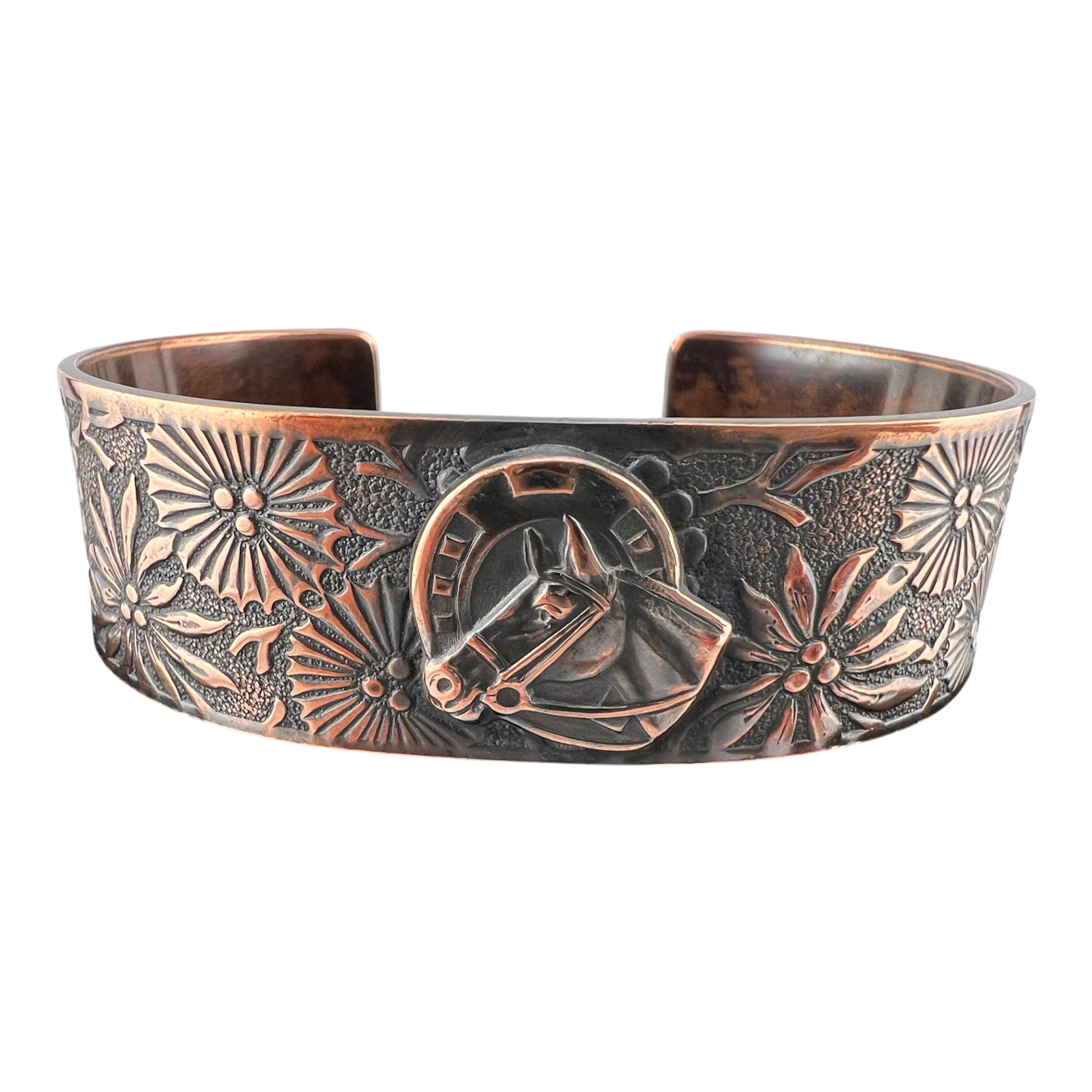 Horse on floral starburst copper cuff