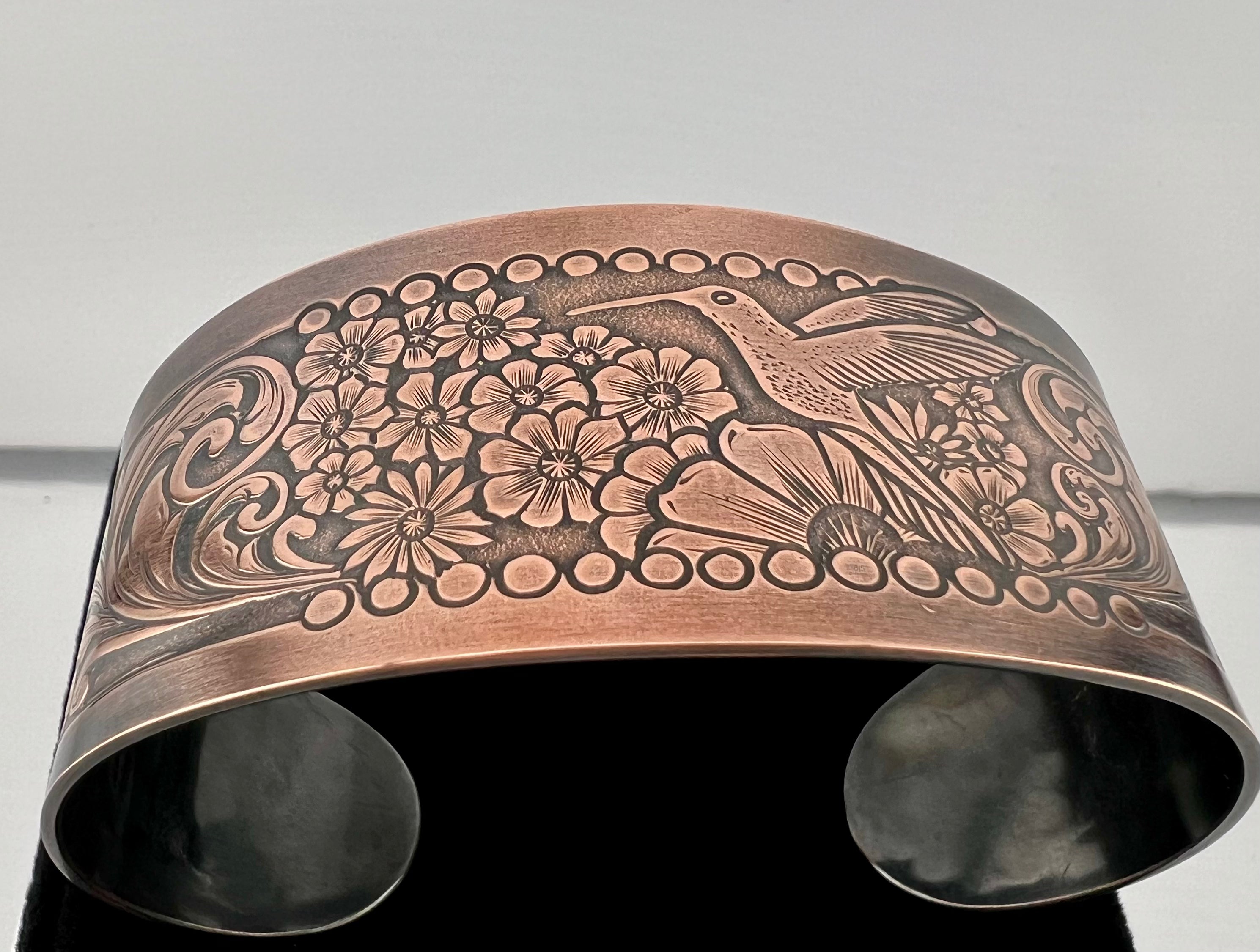 Hummingbird Flower Copper Cuff 7 3/8”