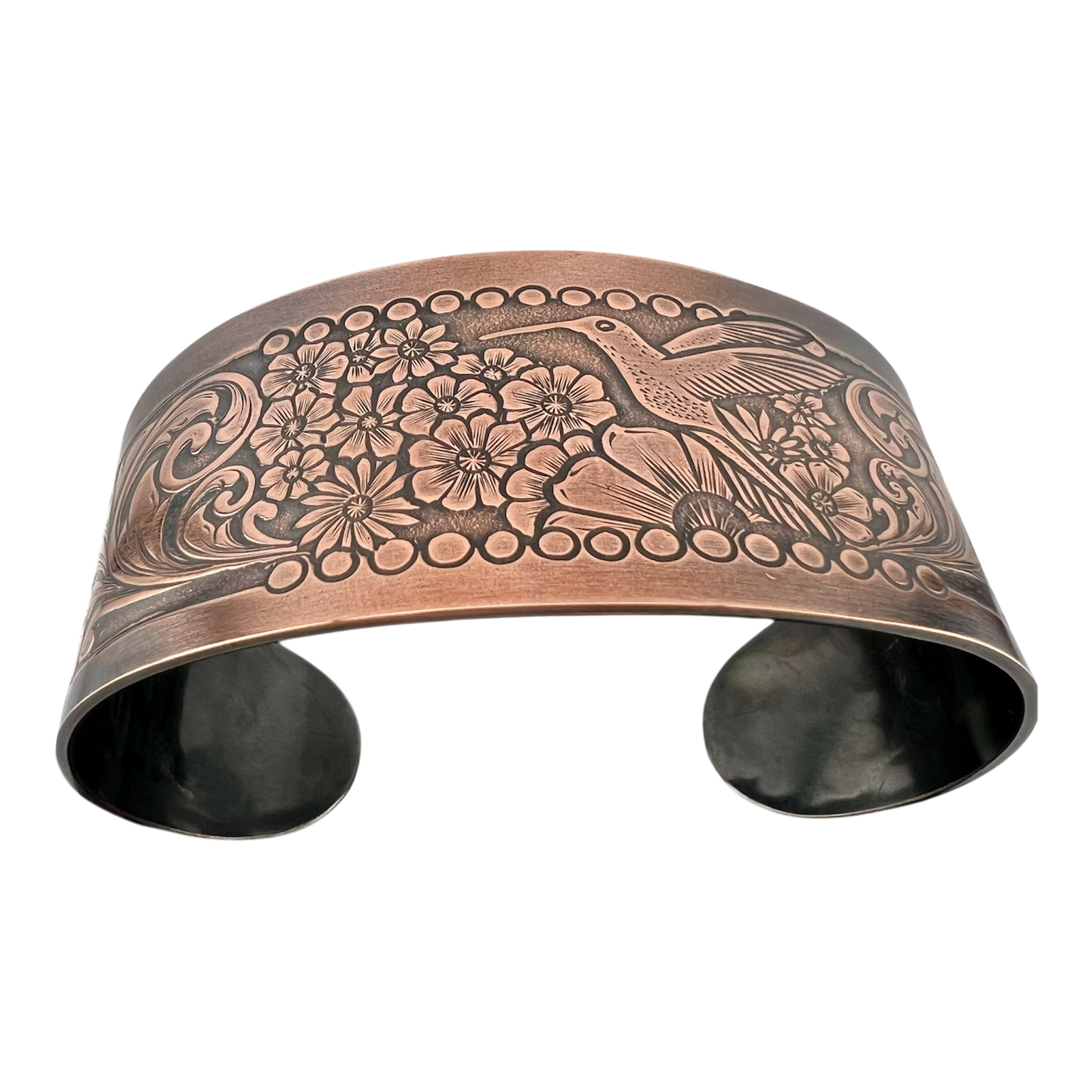 Hummingbird with flowers copper cuff