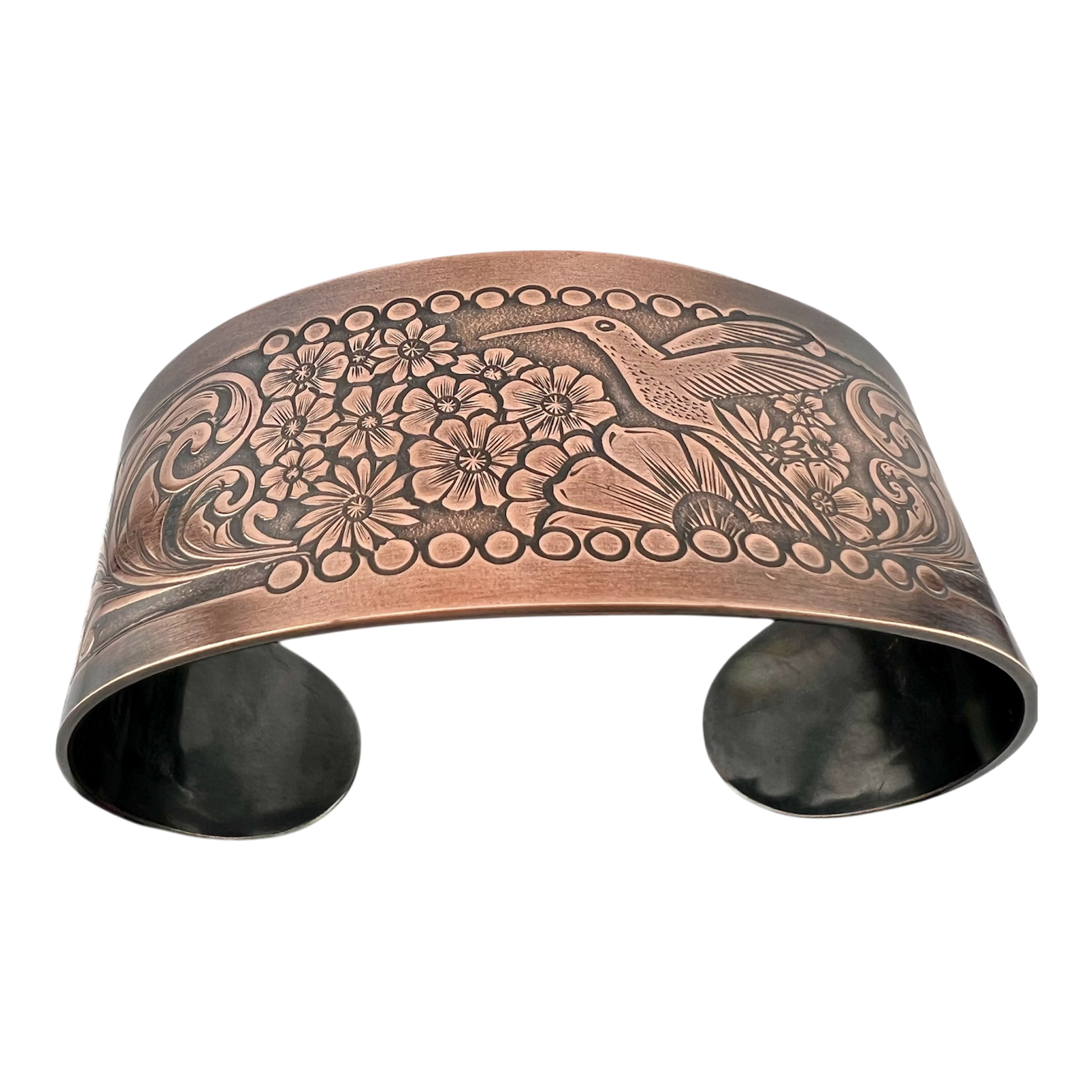 Hummingbird with flowers copper cuff