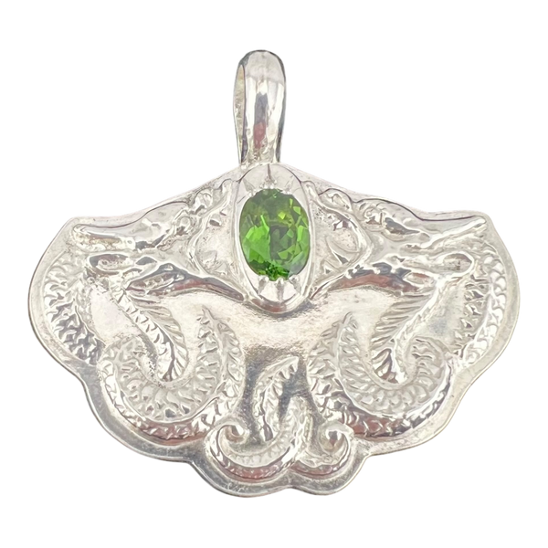 Fine Silver Double Dragon Pendant with Tourmaline - Handcrafted Fantasy Jewelry