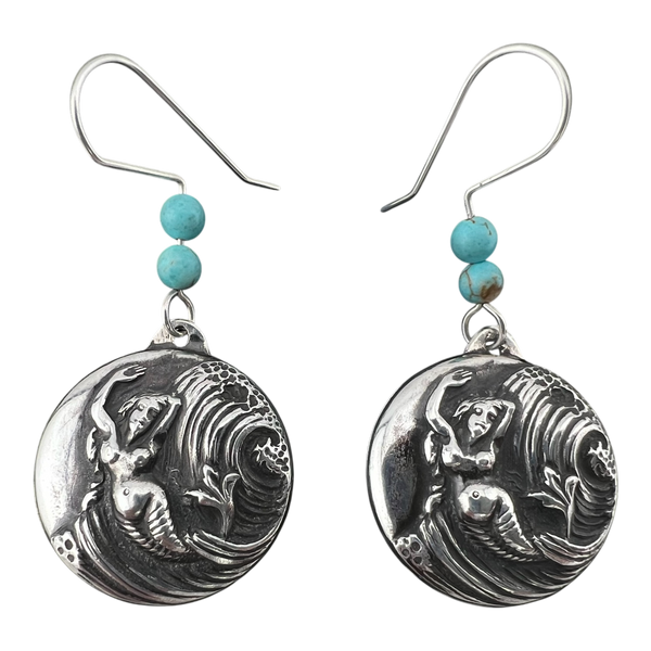 Mermaid earrings with blue beads fine silver