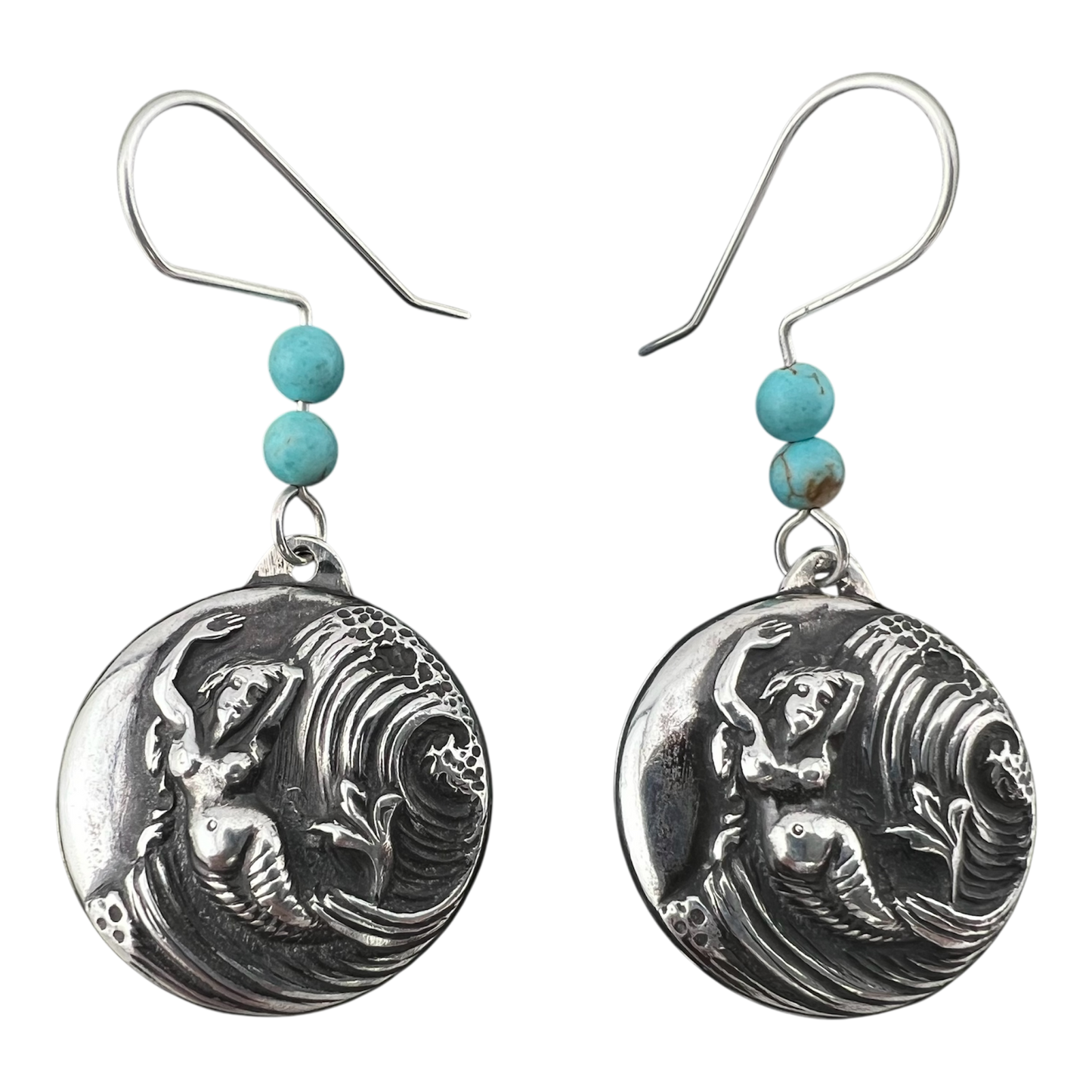 Mermaid earrings with blue beads fine silver