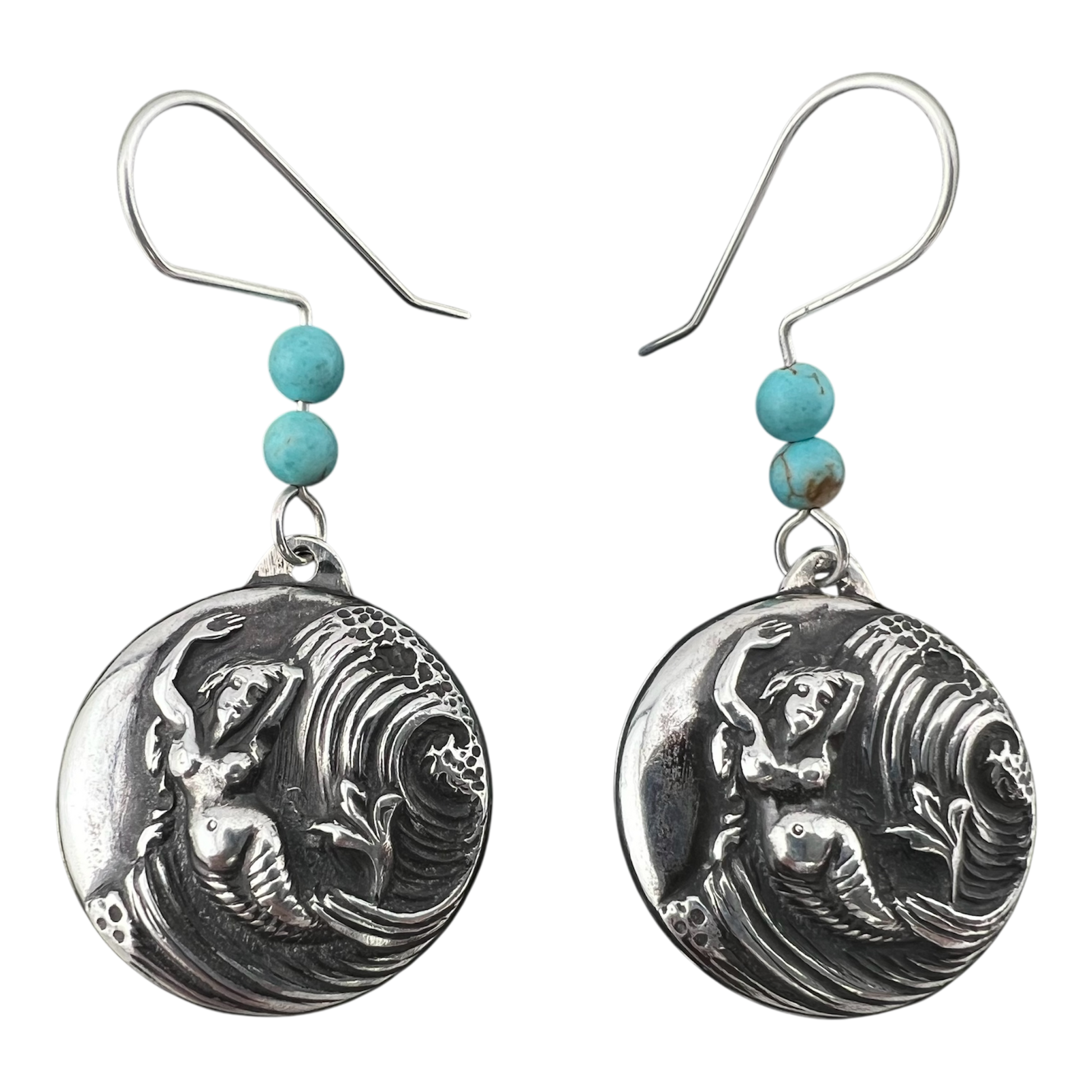 Mermaid earrings with blue beads fine silver
