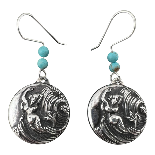 Mermaid earrings with blue beads fine silver