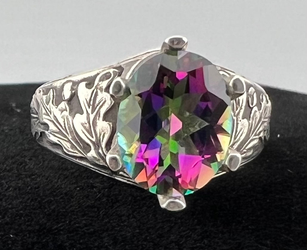 Sterling Silver ring with oak leaf design and Mystic Topaz gem