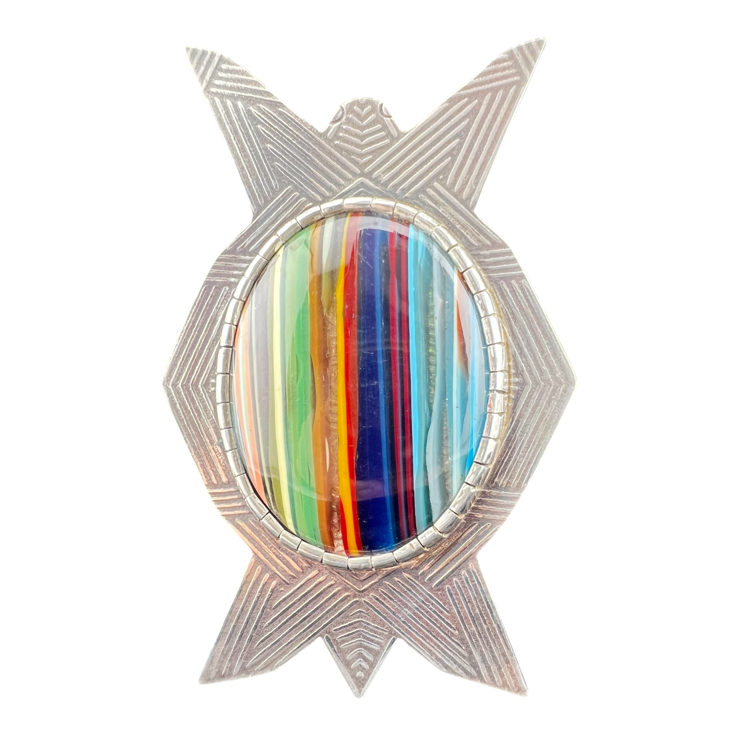 Geometric pendant in sterling silver with a colorful surfite cabochon