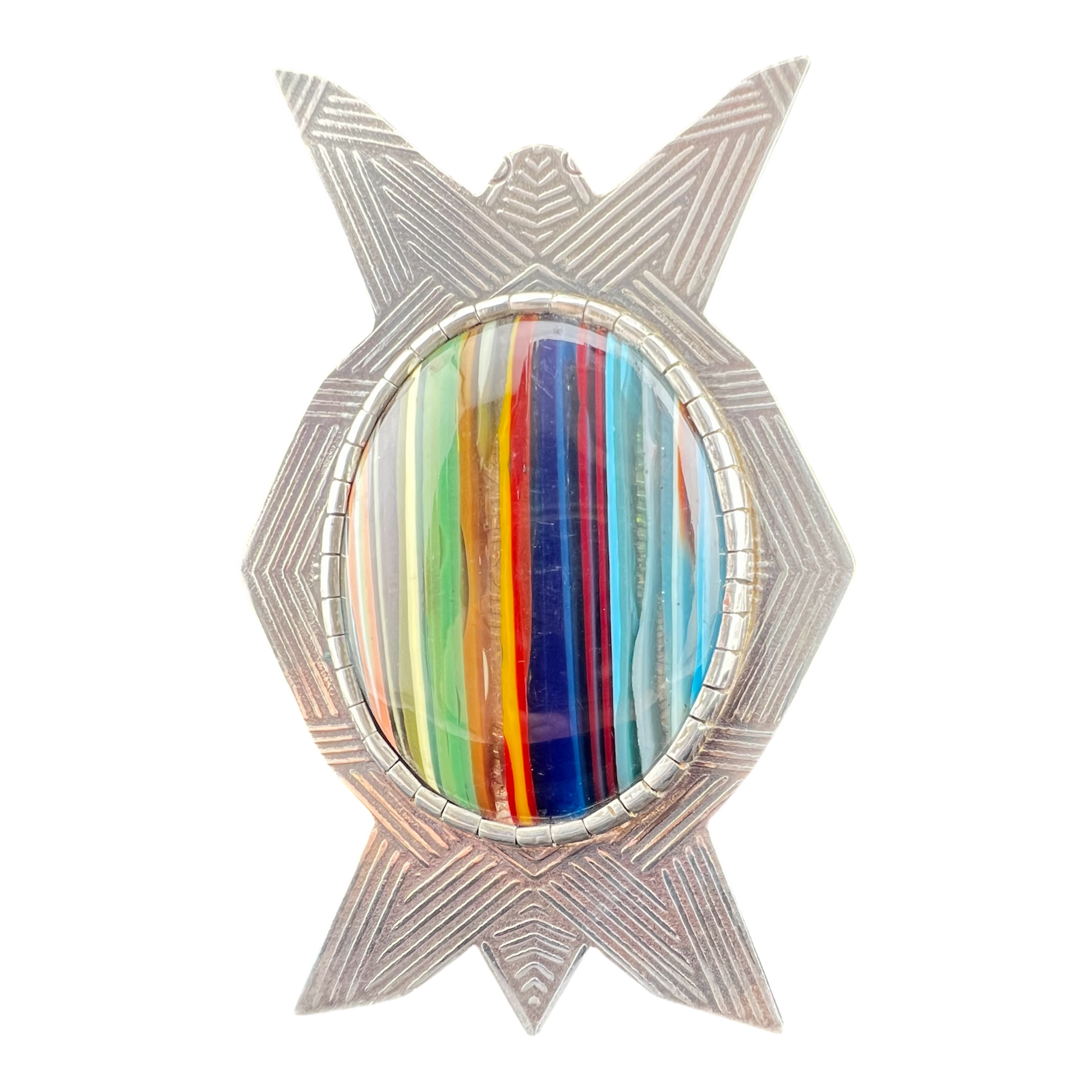 Geometric pendant in sterling silver with a colorful surfite cabochon