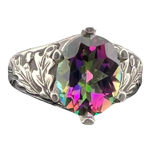 Sterling silver oak leaf mystic topaz gem ring
