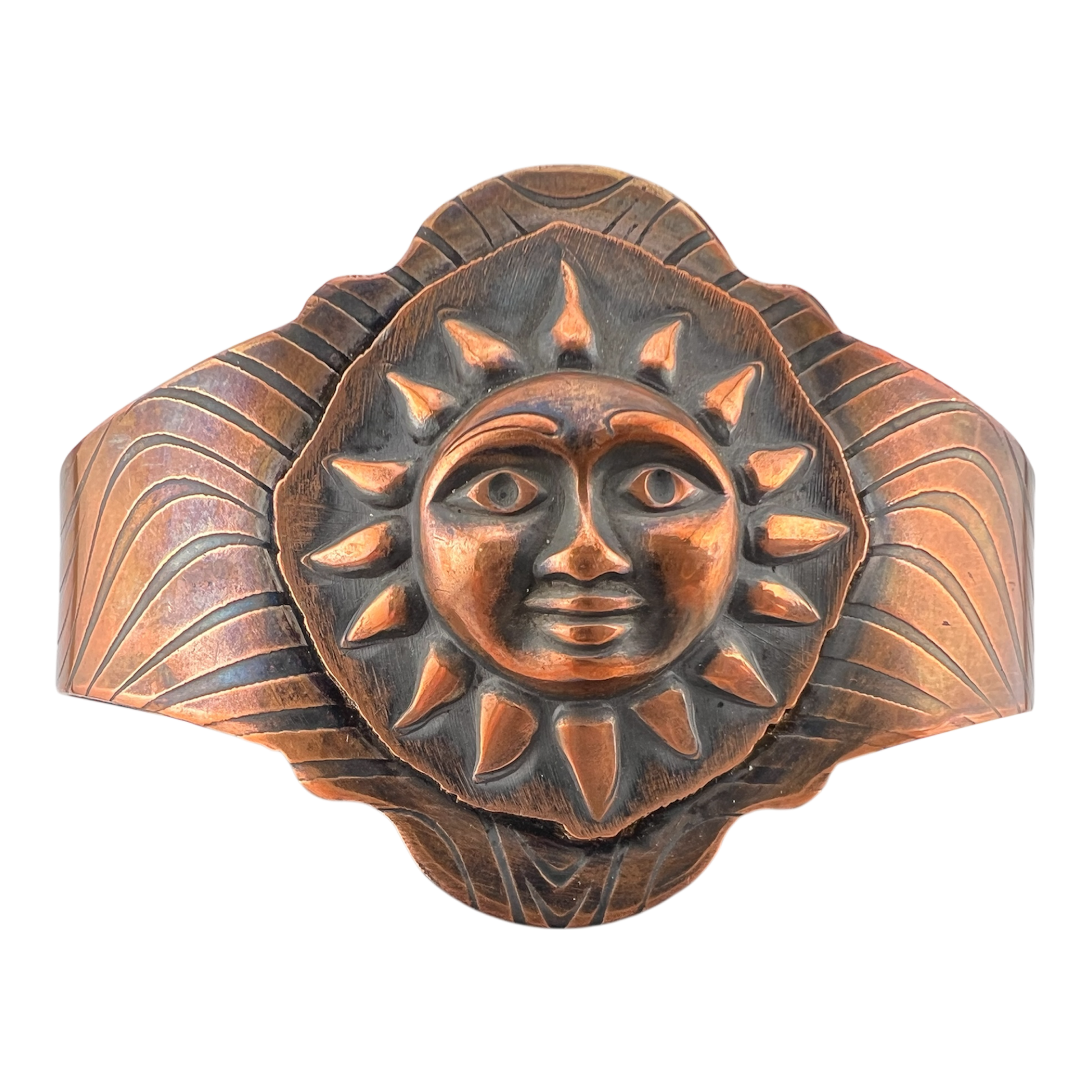 Copper Sun Face cuff bracelet with wave band