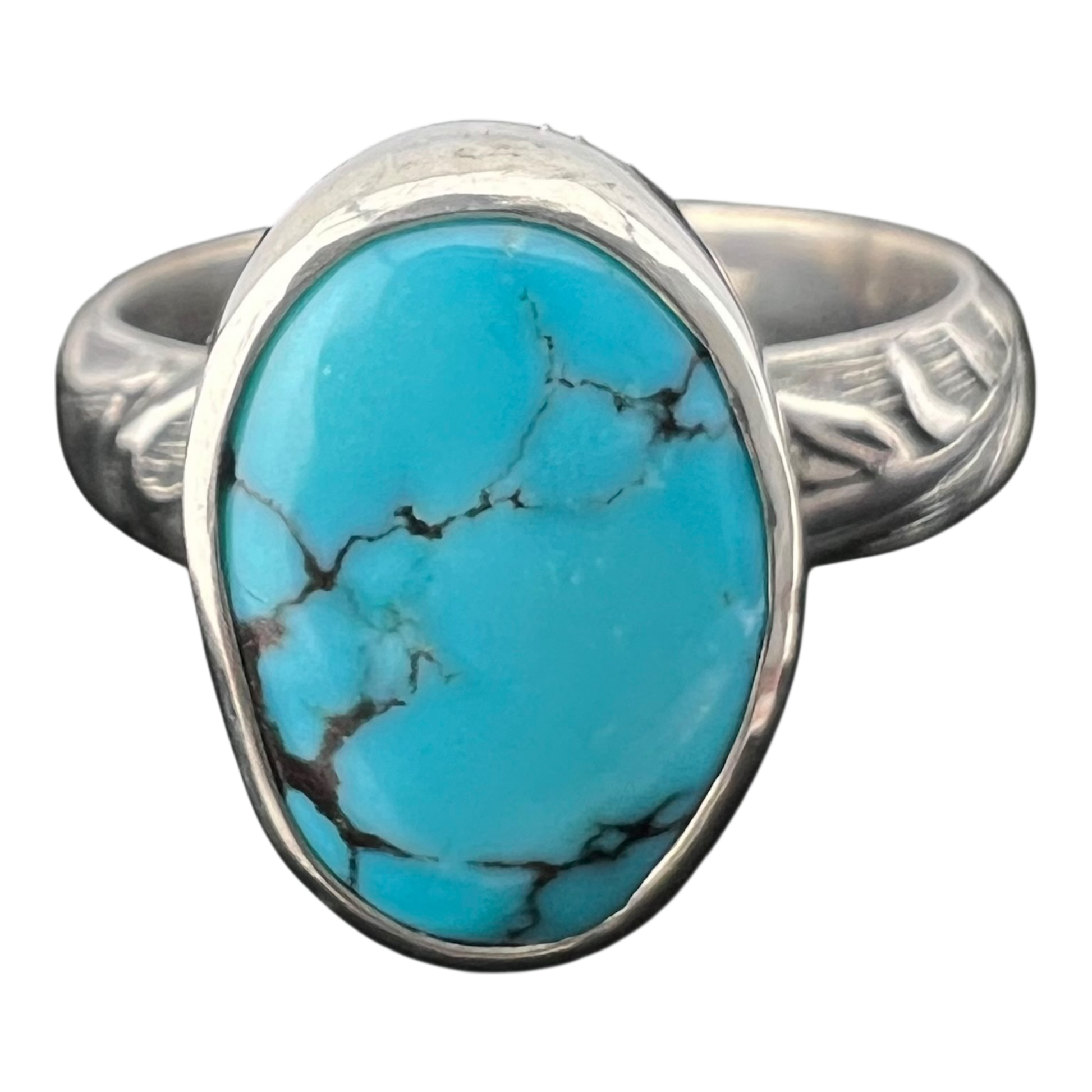 Turquoise and sterling silver ring with vine pattern 