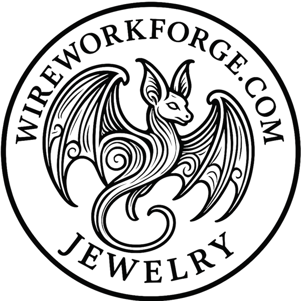 Wire work forge .com jewelry logo.  An Art Nuevo Flying Fox Bat surrounded by the logo name.