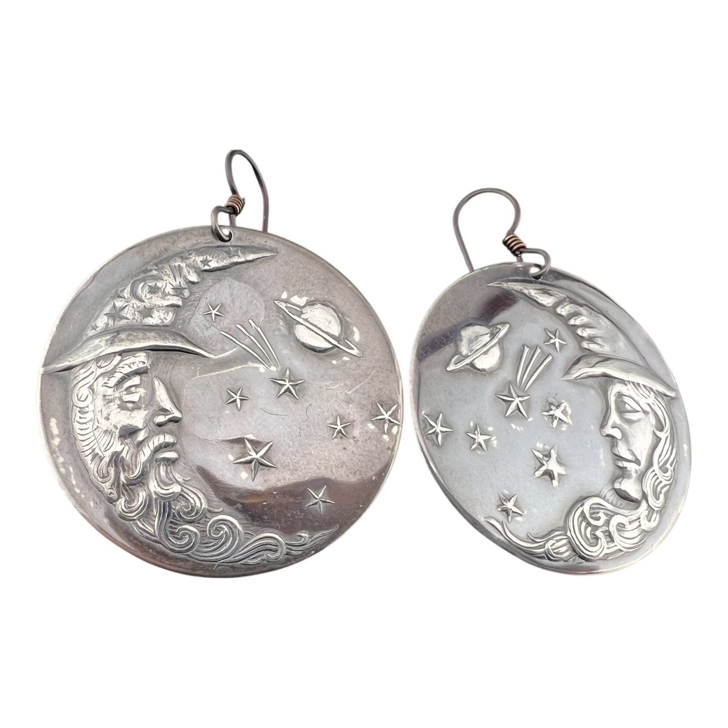 Pair of fine silver earrings with celestial designs moon witch and wizard