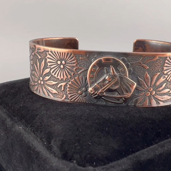 Copper horse flower cuff bracelet horseshoe video